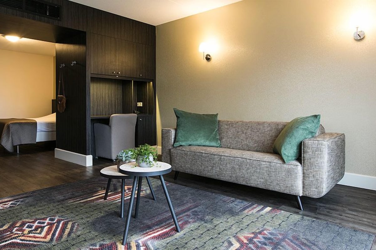 Ein modernes Wohnzimmer mit einem grauen Sofa, einem kleinen runden Tisch mit einer Pflanze, einem gemusterten Teppich und einem Bett im Hintergrund.