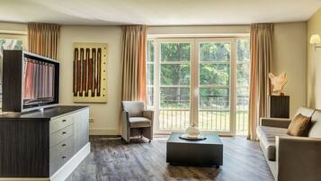 Suíte executiva, 1 quarto, banheiro privativo, vista para o jardim | Sala de estar | TV de tela plana