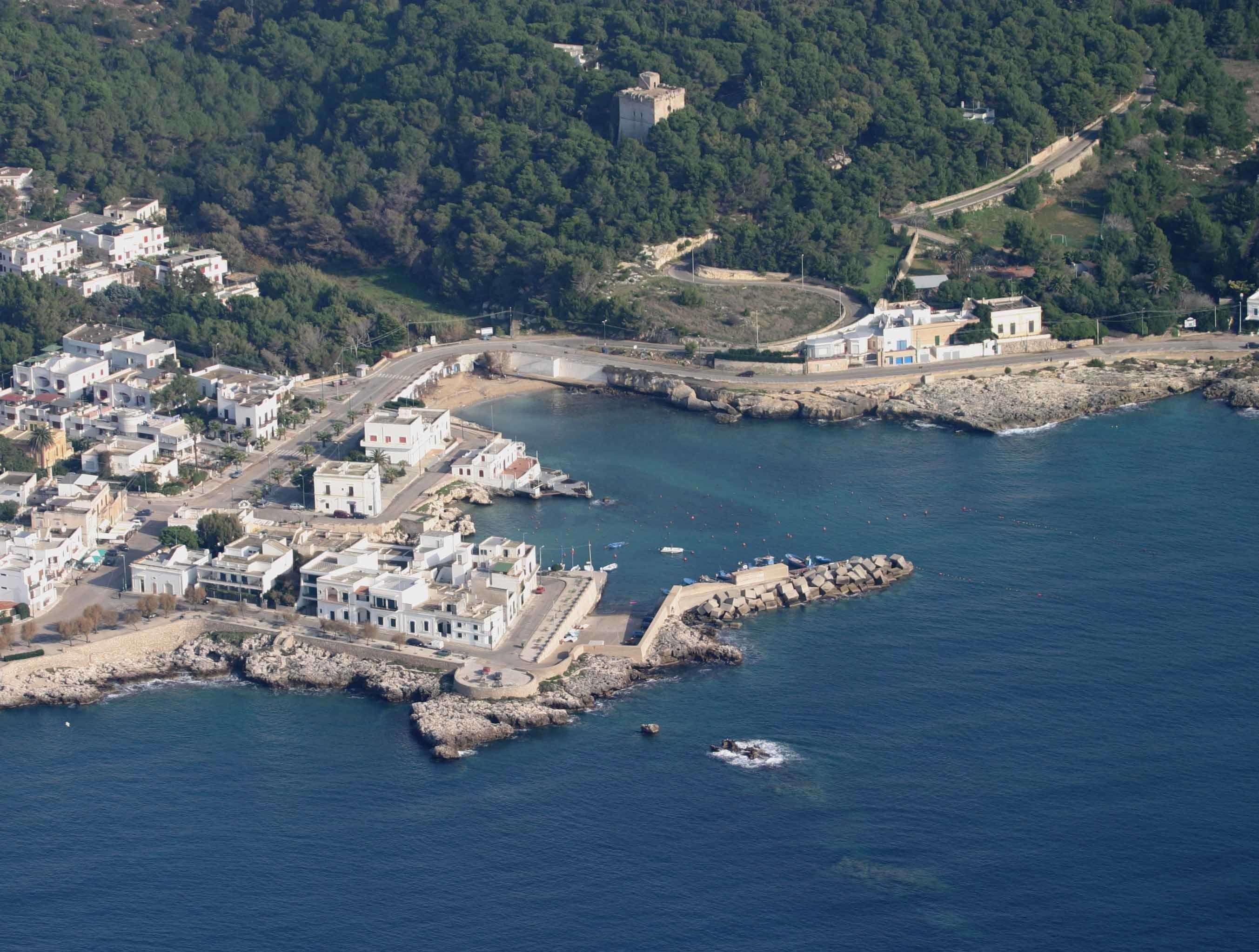 Vista aérea de un pueblo costero con edificios a lo largo de la costa, un rompeolas rocoso y un castillo en el fondo.