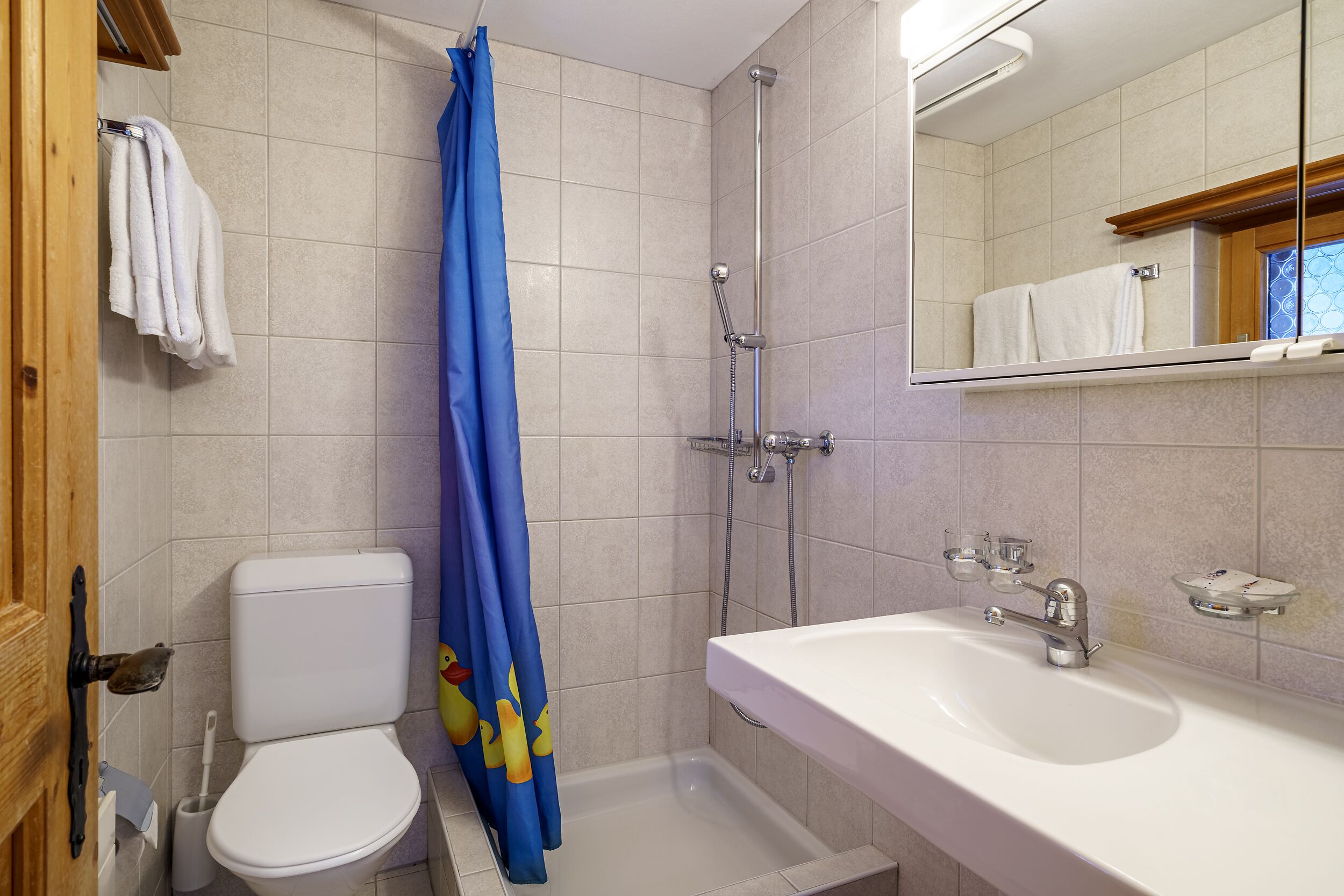 standard double room | bathroom | shower, hair dryer, towels