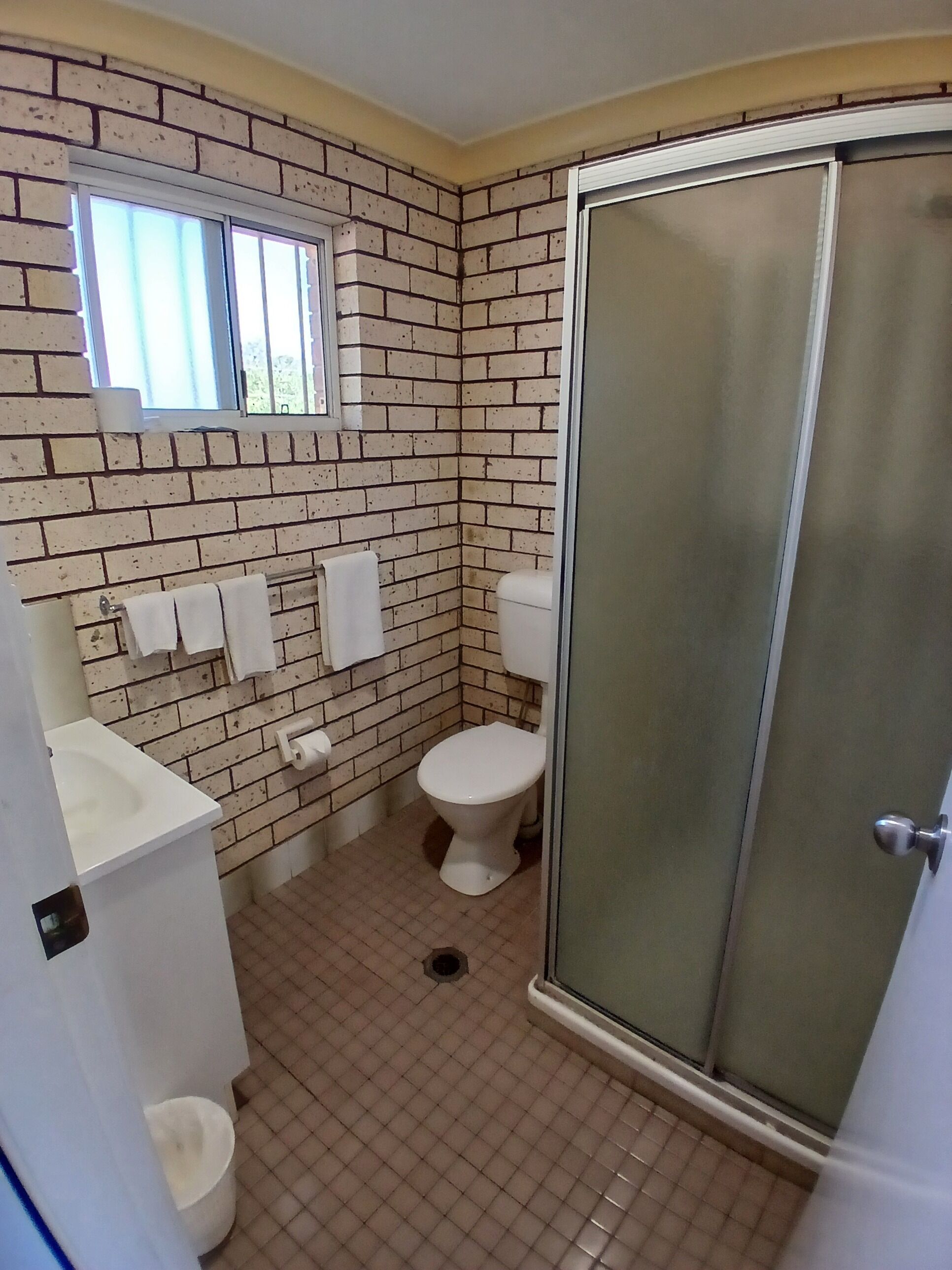 Une salle de bain avec un mur en briques, des toilettes, un lavabo et une douche dotée d’une porte en verre.