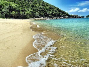 A beach with clear water, a sandy shore, and a forested hill in the background. - Apollo Jewel Beachfront Apartments (South Mission Beach)