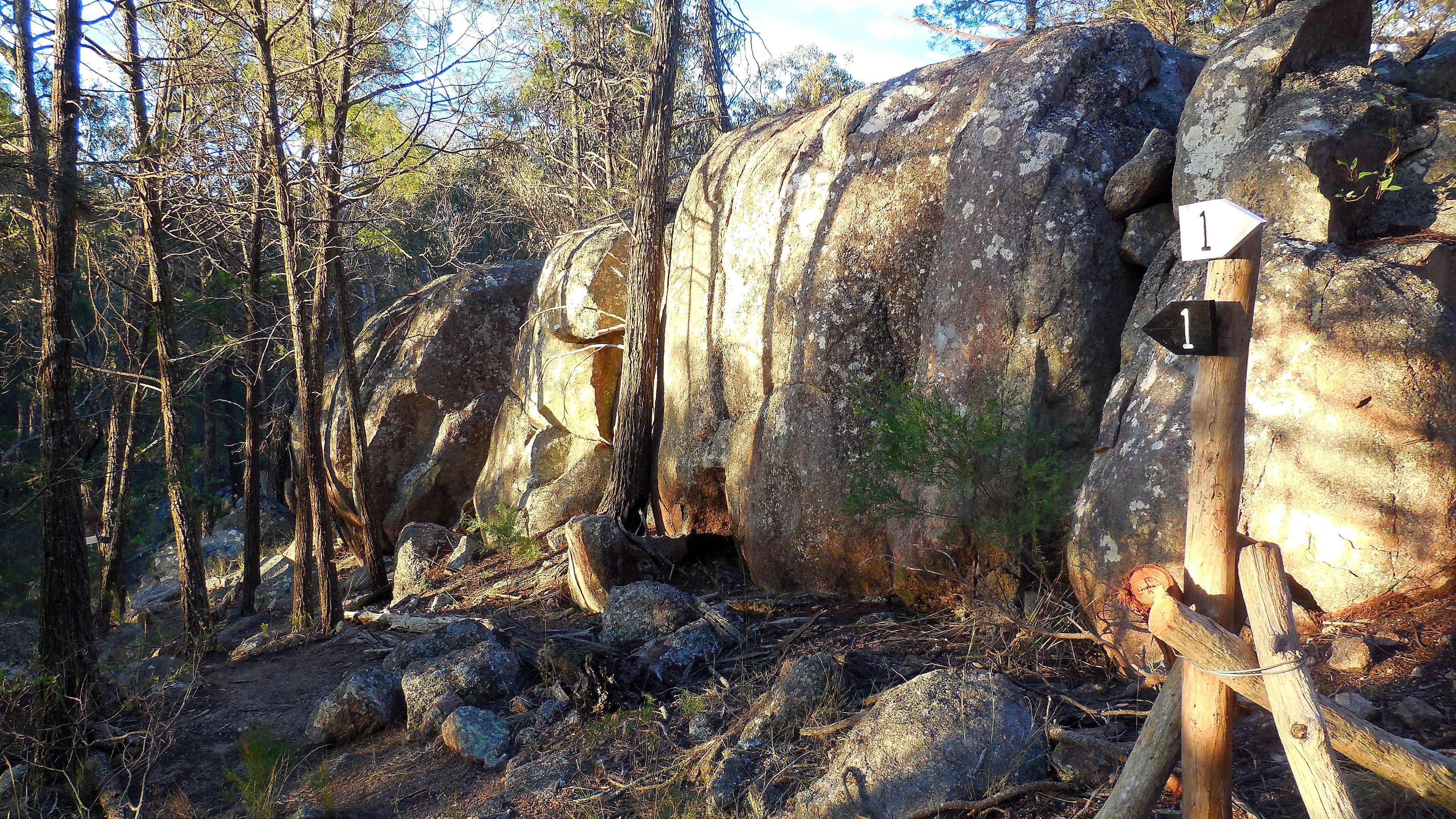 A forested area with large rocks, a wooden signpost, and a trail.