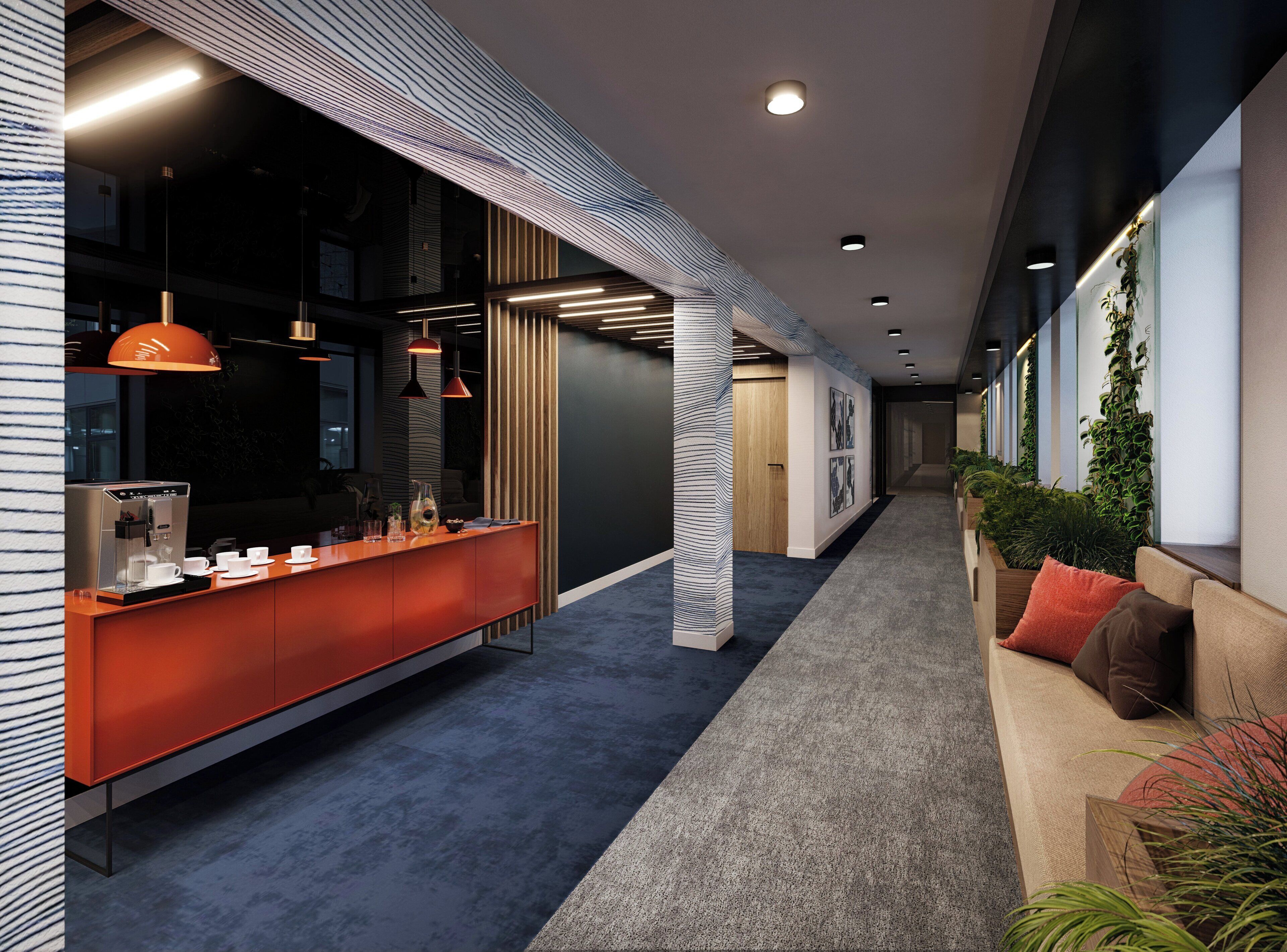 A modern hotel lobby with a coffee bar, seating area, and decorative plants.