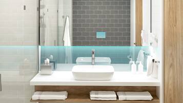 Shower, free toiletries, hair dryer, towels