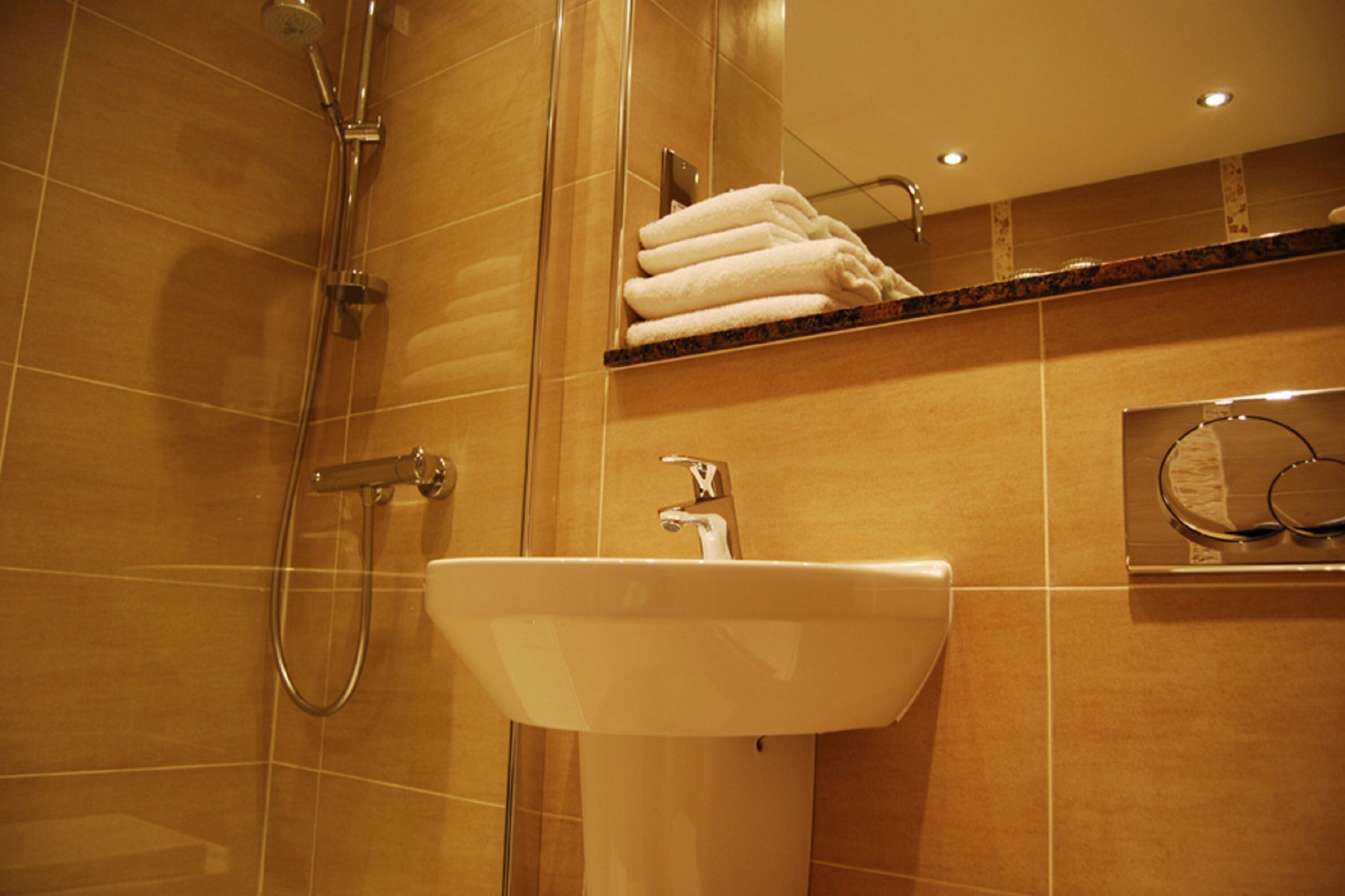 combined shower/bathtub, hair dryer, towels