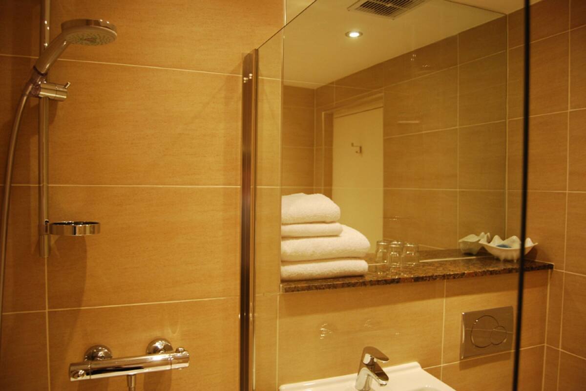 combined shower/bathtub, hair dryer, towels