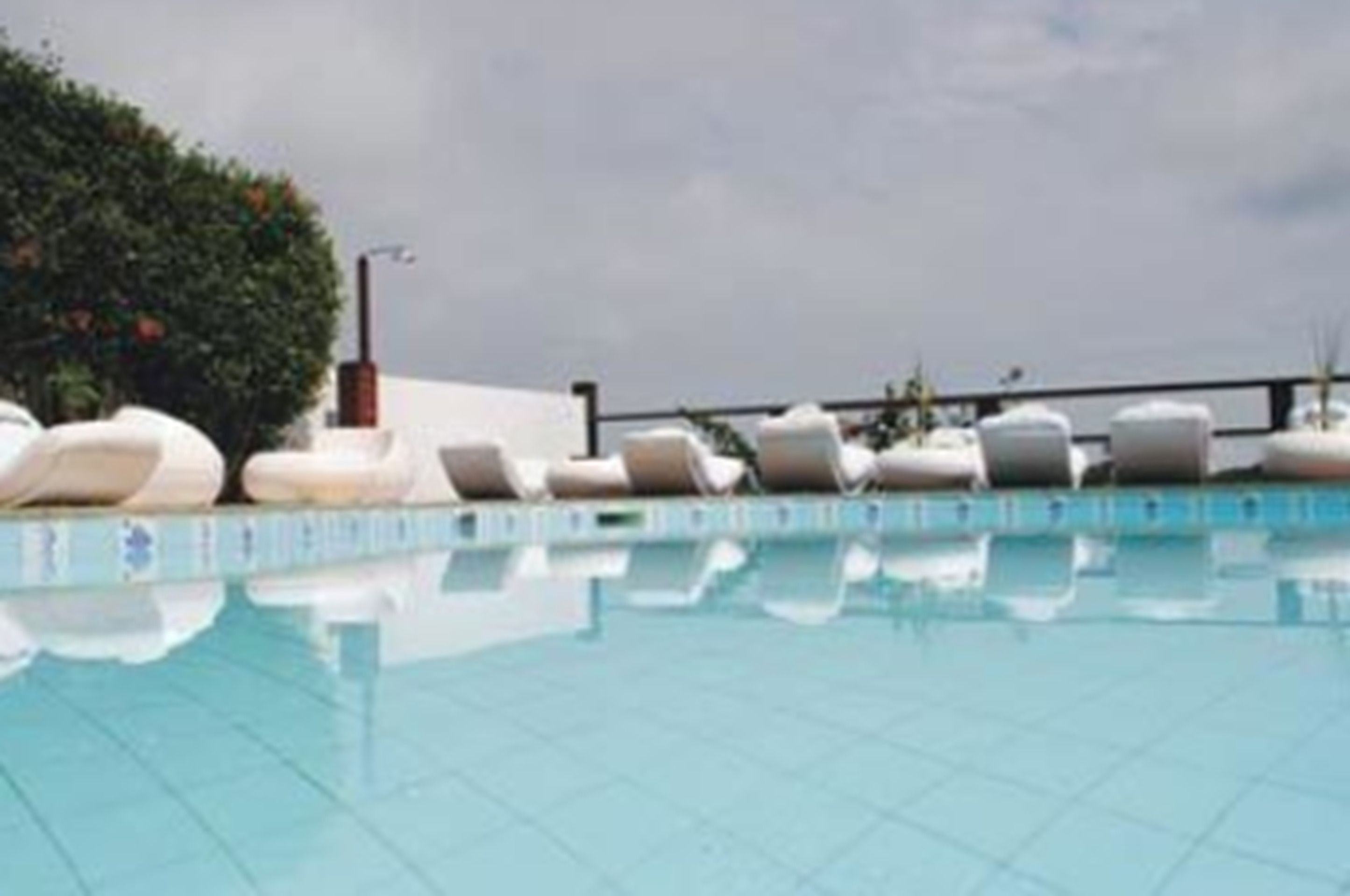 A swimming pool with lounge chairs and a hedge in the background.