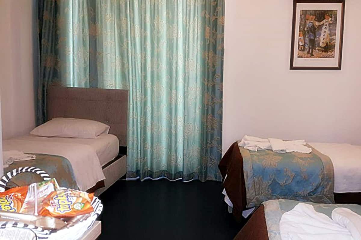 Habitación de hotel con dos camas individuales, un ventanal con cortinas, un cuadro en la pared y una cesta de aperitivos en el suelo.
