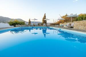 Outdoor pool, pool umbrellas, pool loungers