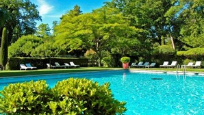 A swimming pool with lounge chairs and potted plants.