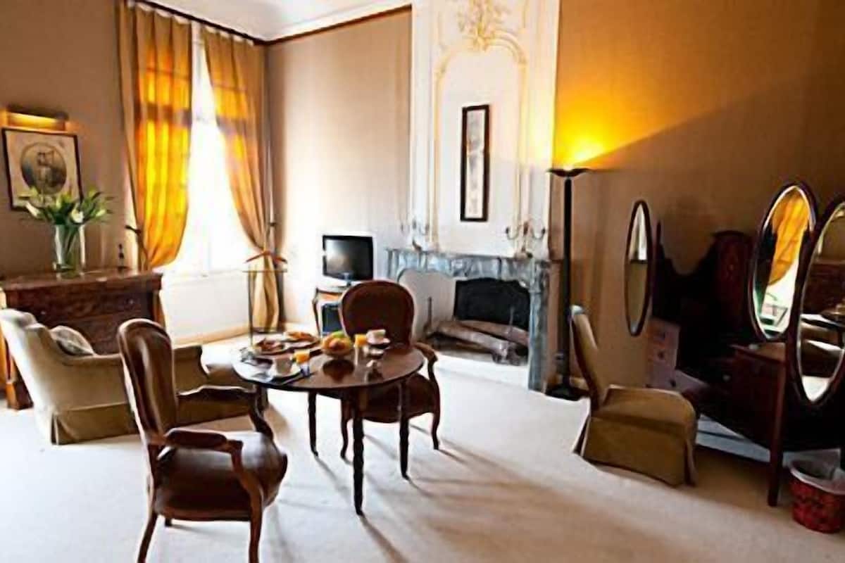 A hotel room with a fireplace, a dining table with chairs, a television, and a large mirror.