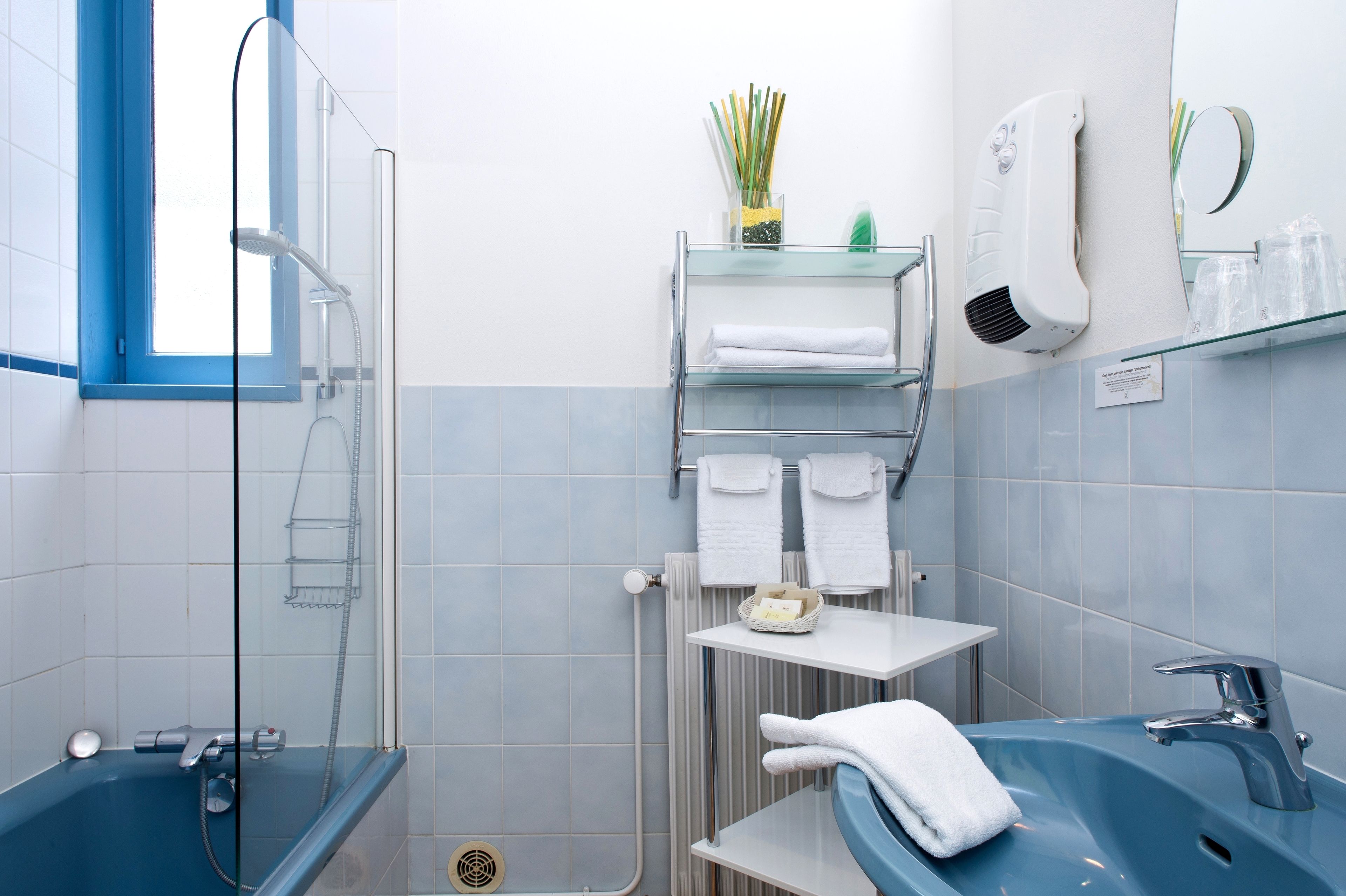 free toiletries, hair dryer, towels