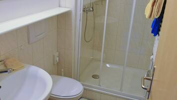 Une salle de bain avec un lavabo, des toilettes et une douche.