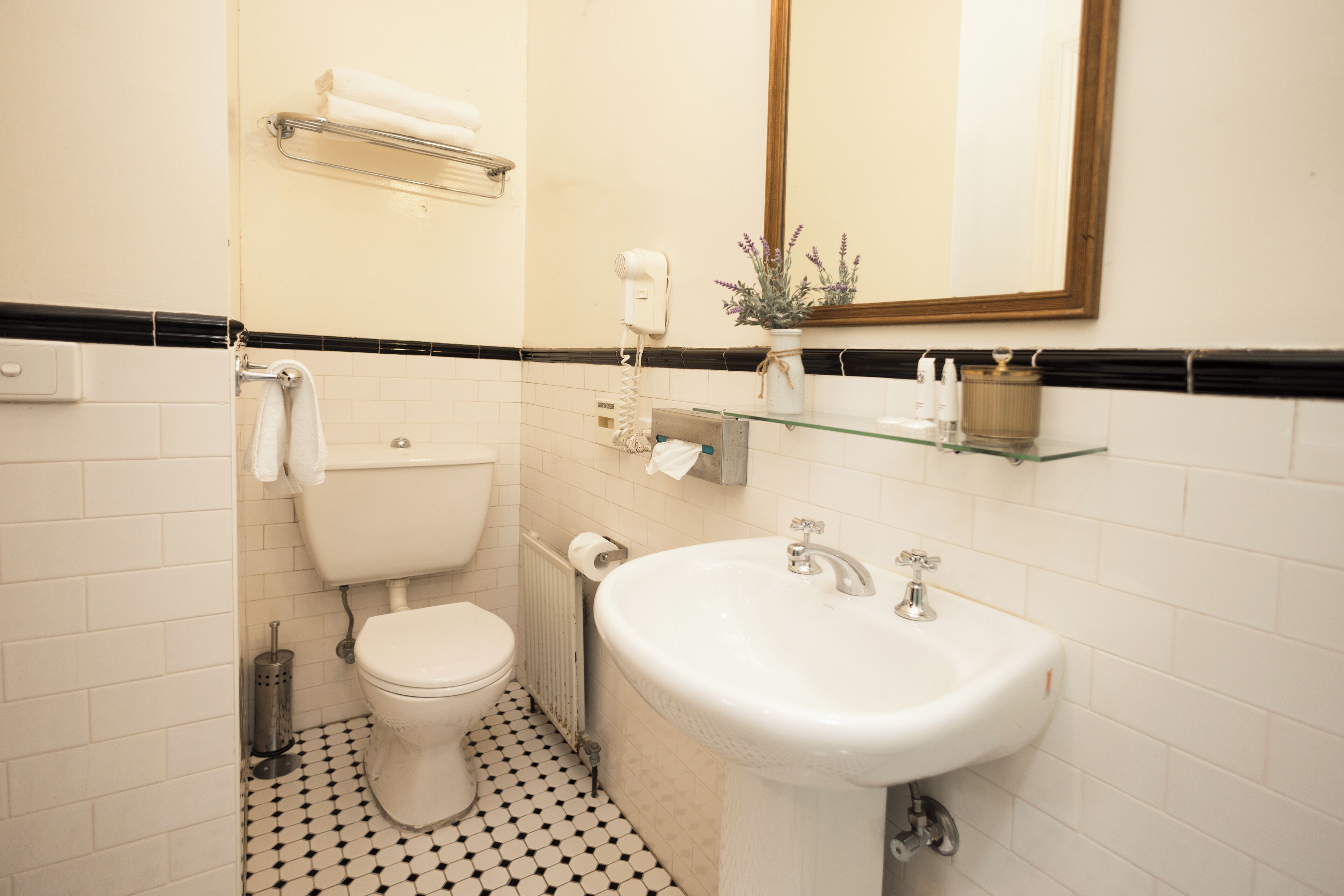 A bathroom with a toilet, sink, and towel rack.