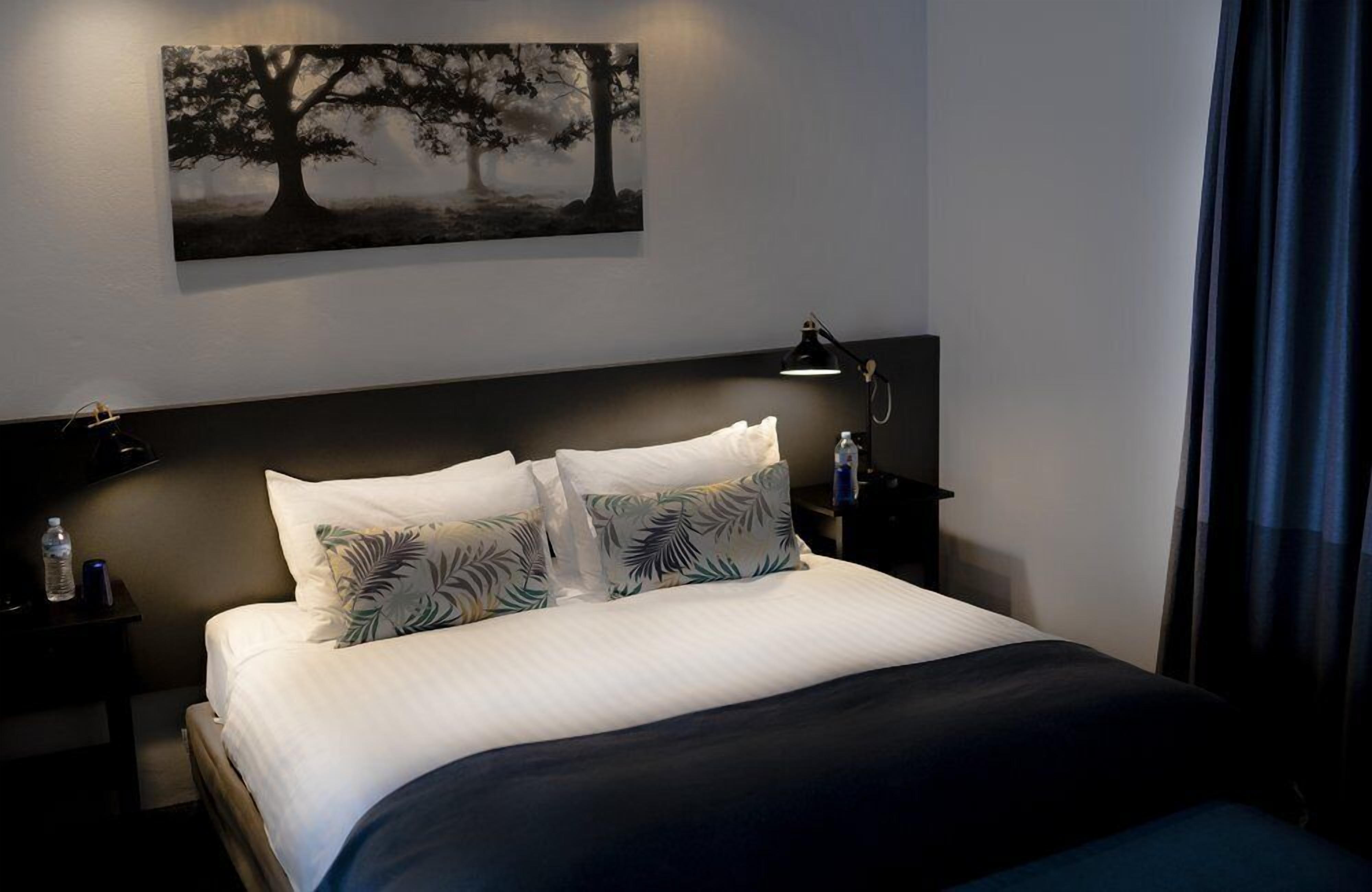 A neatly made bed with white and patterned pillows, a dark headboard, a wall-mounted painting of trees, a bedside table with a lamp, and a water bottle.