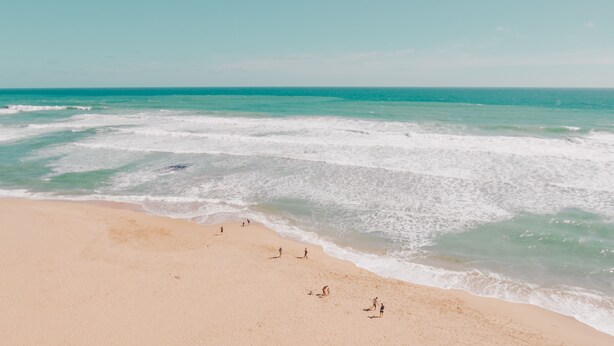 A beach with people walking along the shore and the ocean in the background. - Buccaneer Motel Pet friendly (Long Jetty)