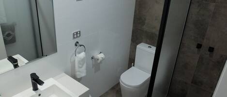 A modern bathroom with a white sink, toilet, and glass shower enclosure.