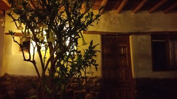 A stone wall, a wooden door, and a plant in front of a building with a yellow wall and a wooden ceiling.