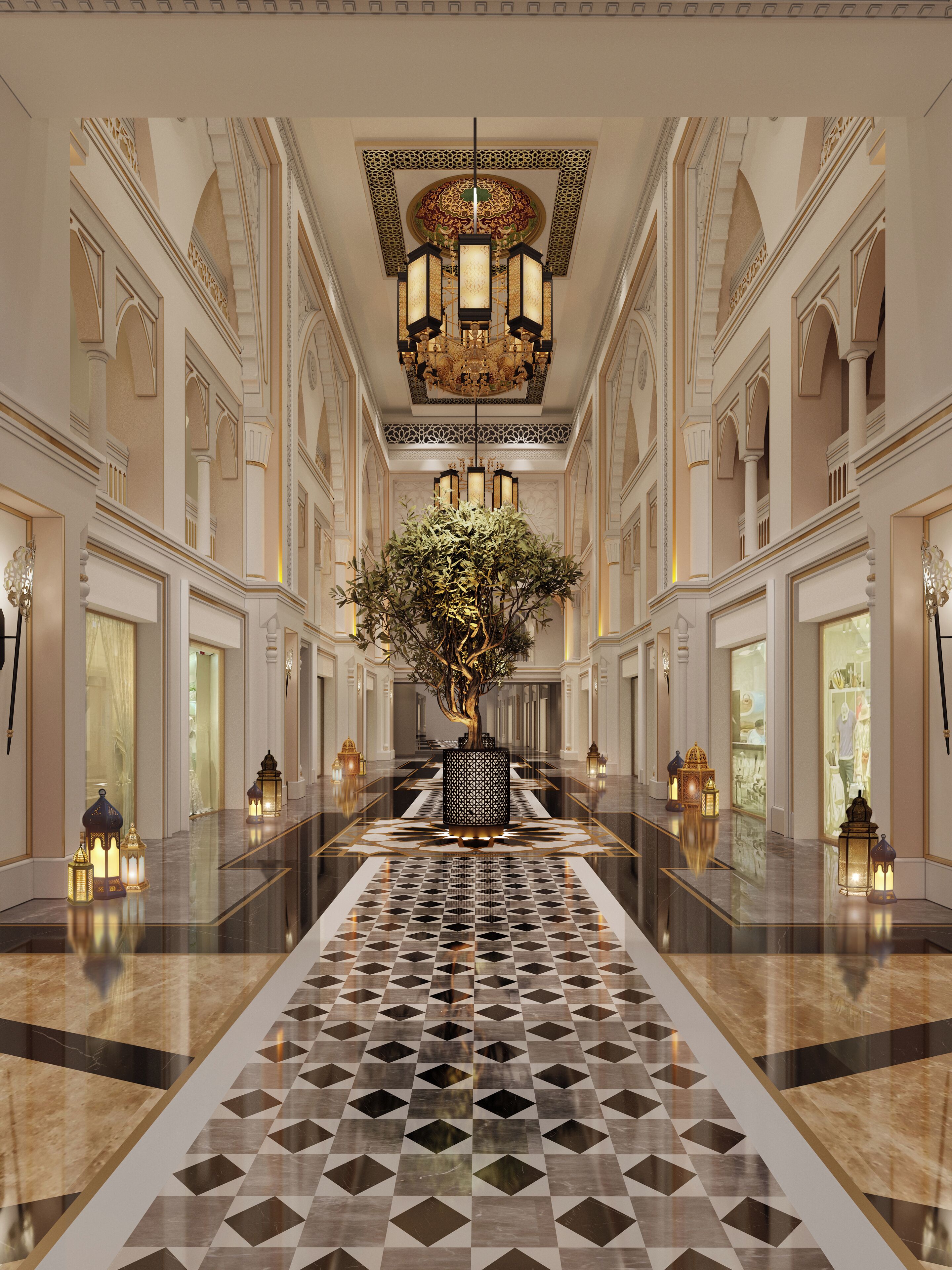 A grand hallway with a central tree, ornate ceiling, and patterned floor.