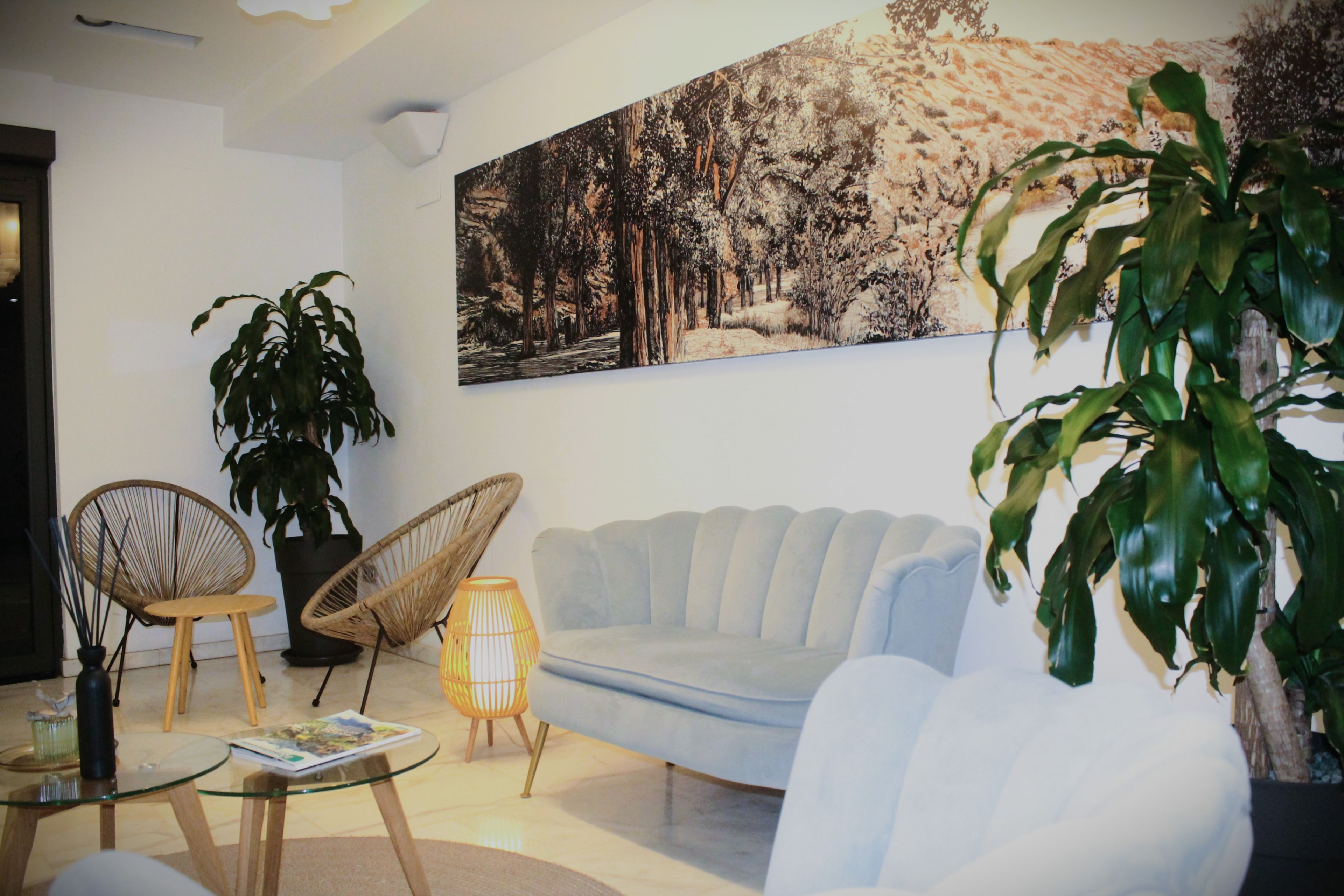 Una sala de estar con un sofá azul claro, dos sillones de mimbre, una mesa de centro de vidrio, una planta grande en maceta y un cuadro colgado en la pared.