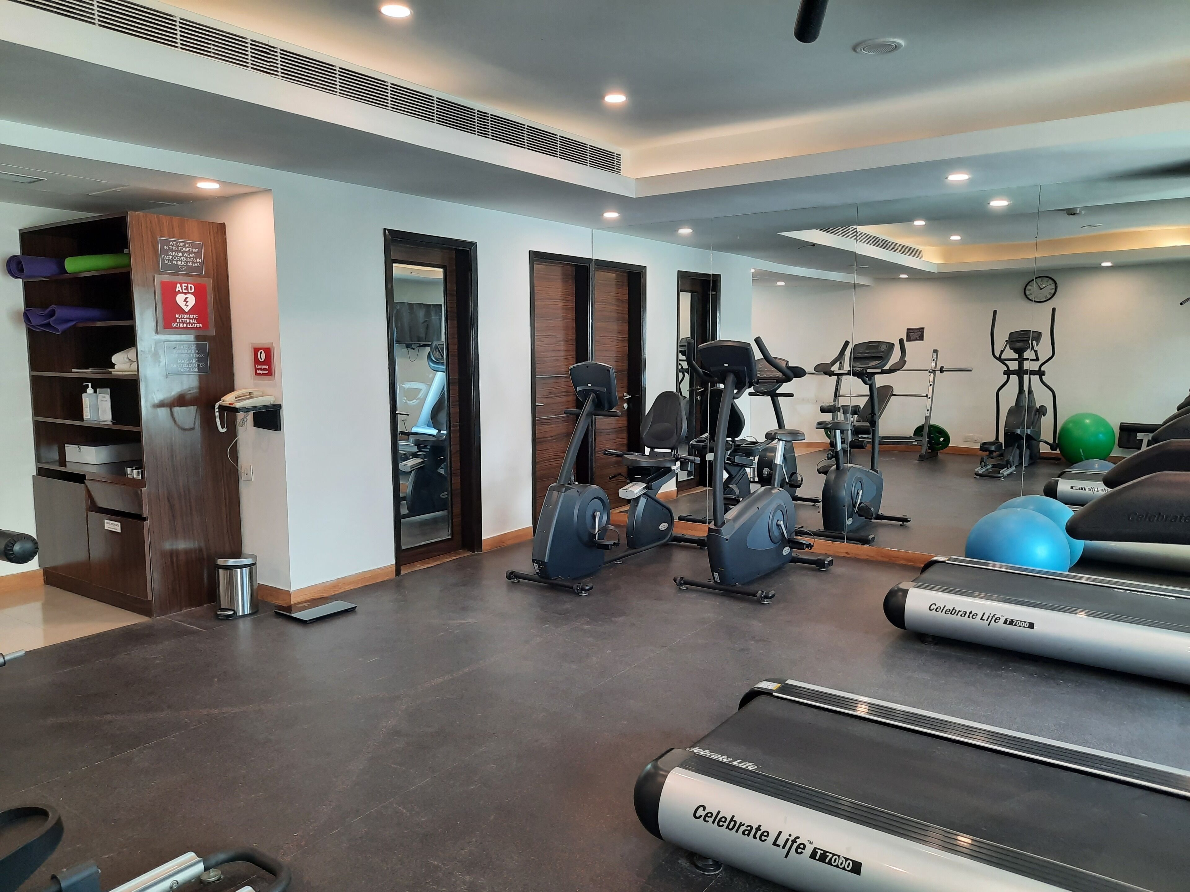 Une salle de sport équipée de tapis de course, de vélos d’appartement et de ballons d’exercice.