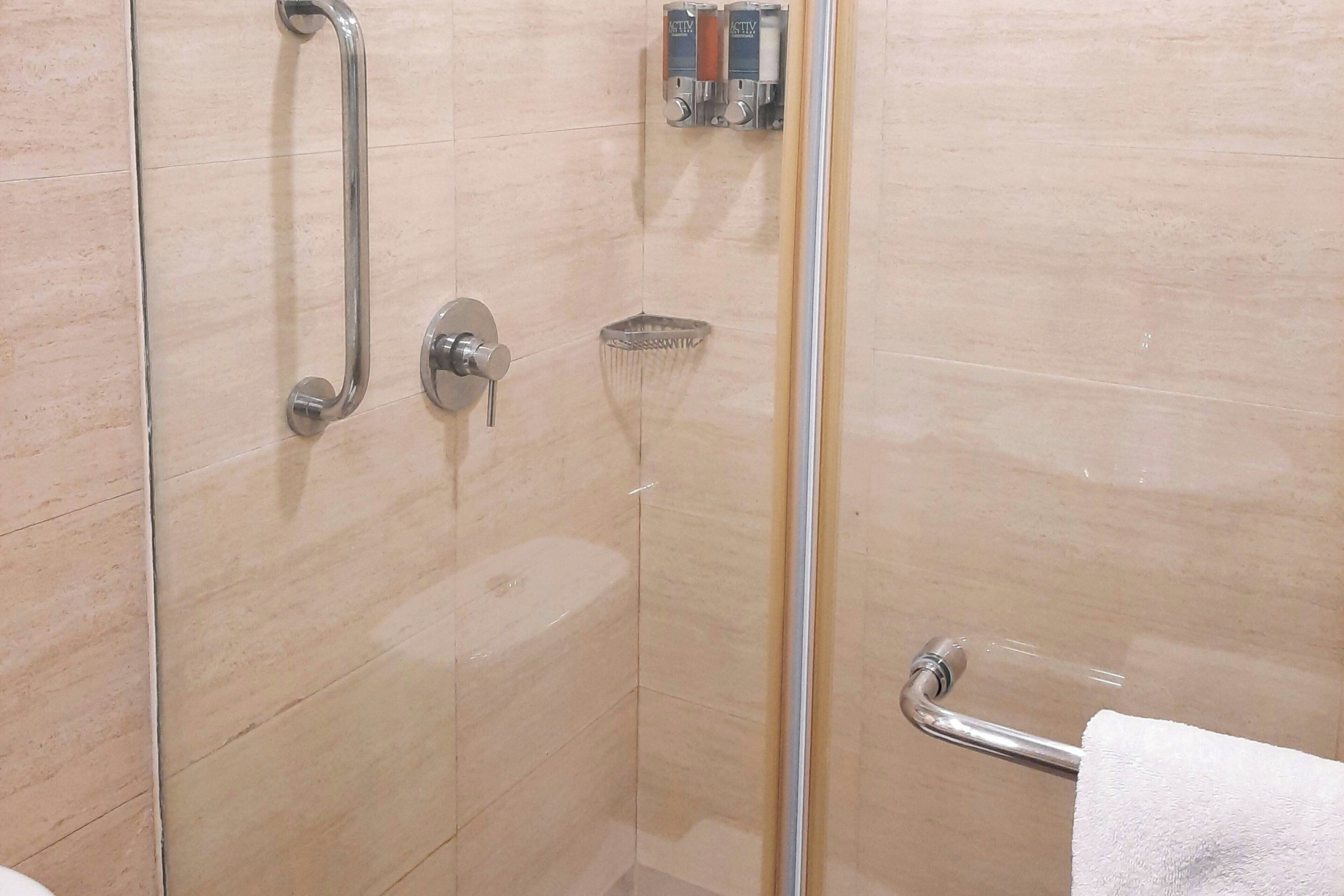 A glass-enclosed shower with a handrail, a towel rack, and a showerhead.