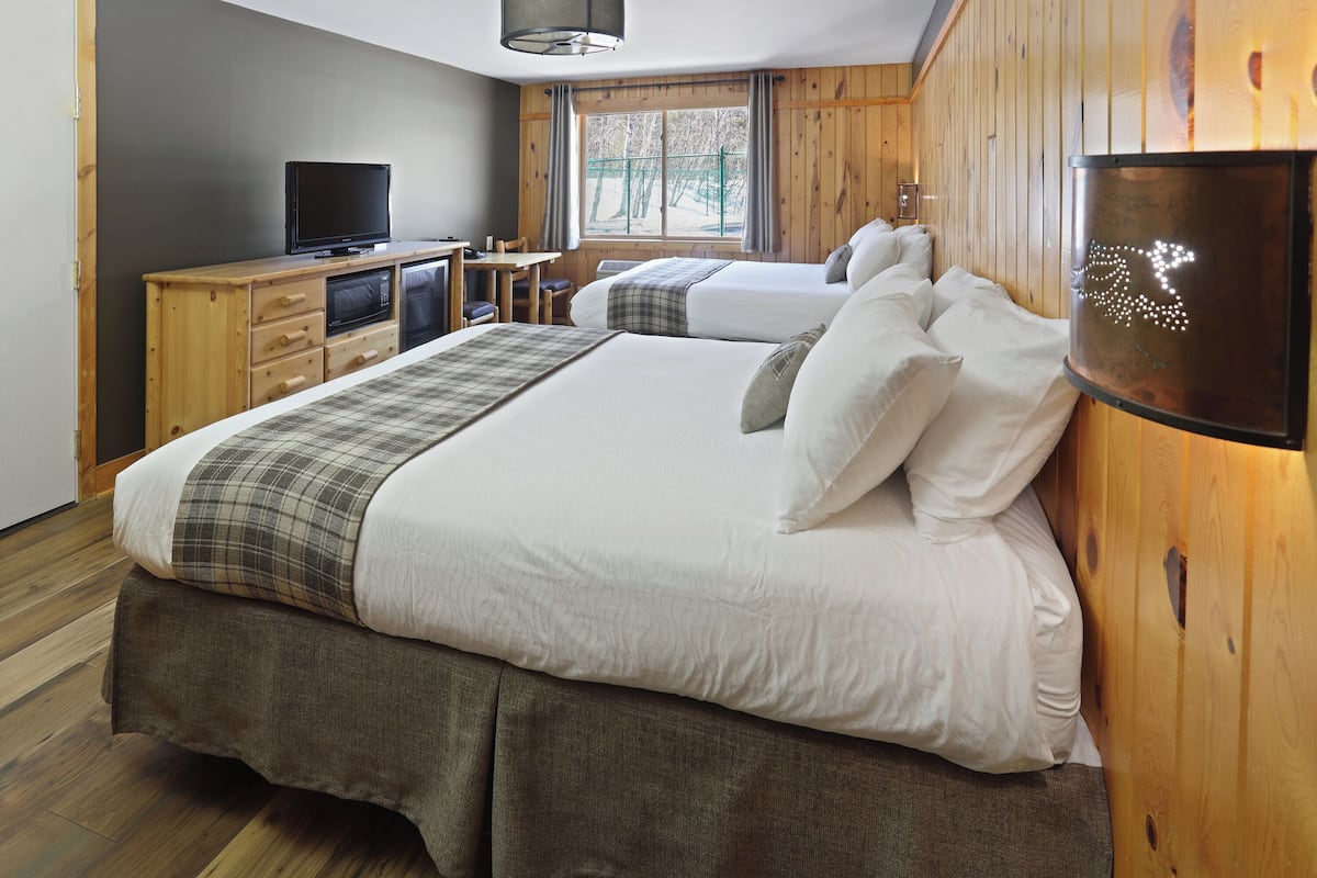 A bedroom with two beds, a TV, a desk, and a window with a view of trees.