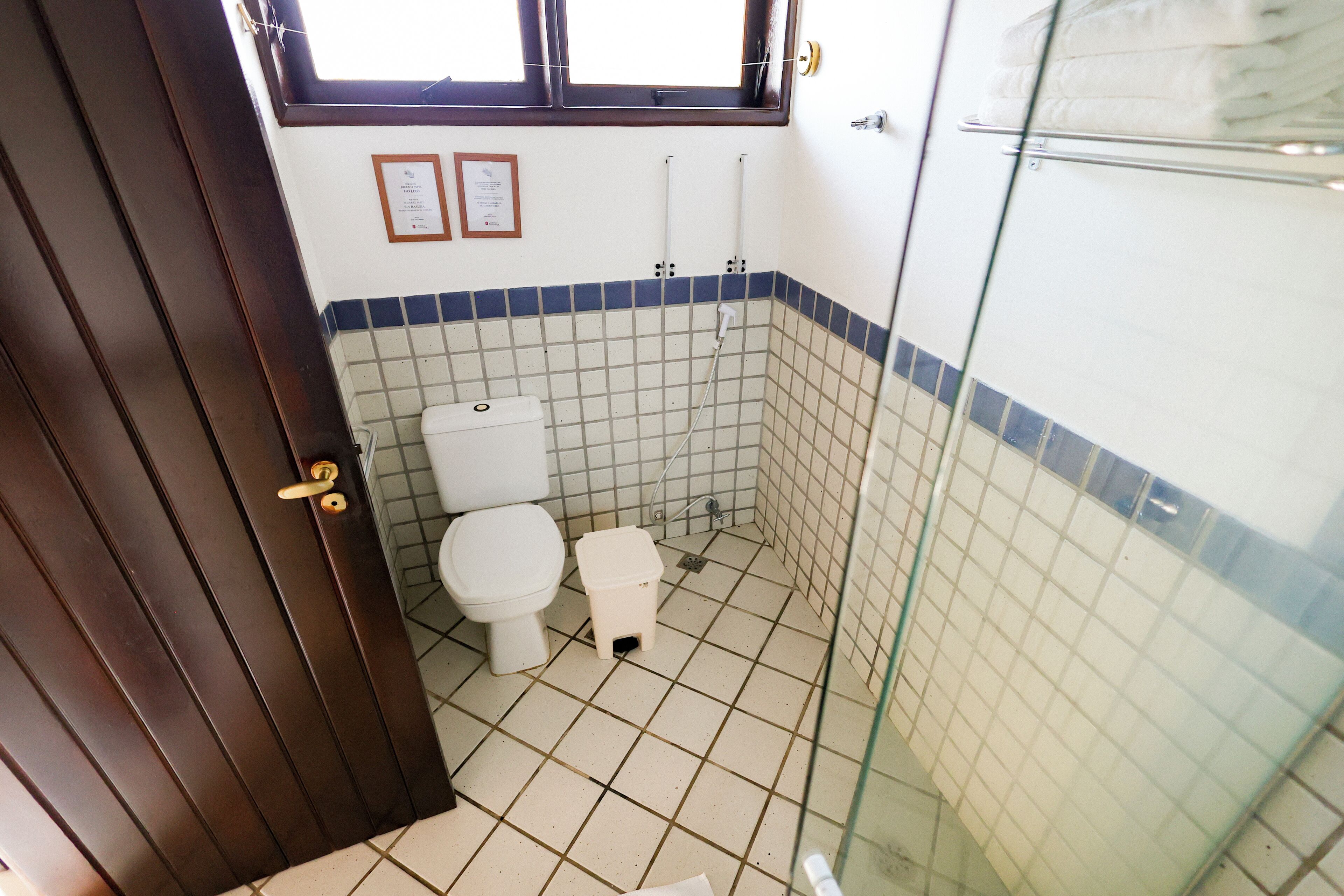 A bathroom with a toilet, a small sink, and a glass shower enclosure.