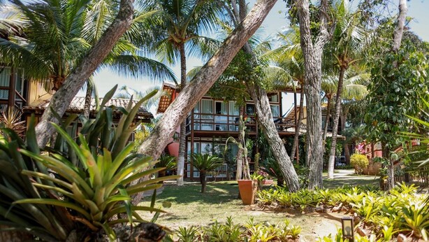 Un resort tropical con un edificio grande rodeado de palmeras y diversas plantas.