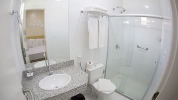 Shower, free toiletries, hair dryer, towels
