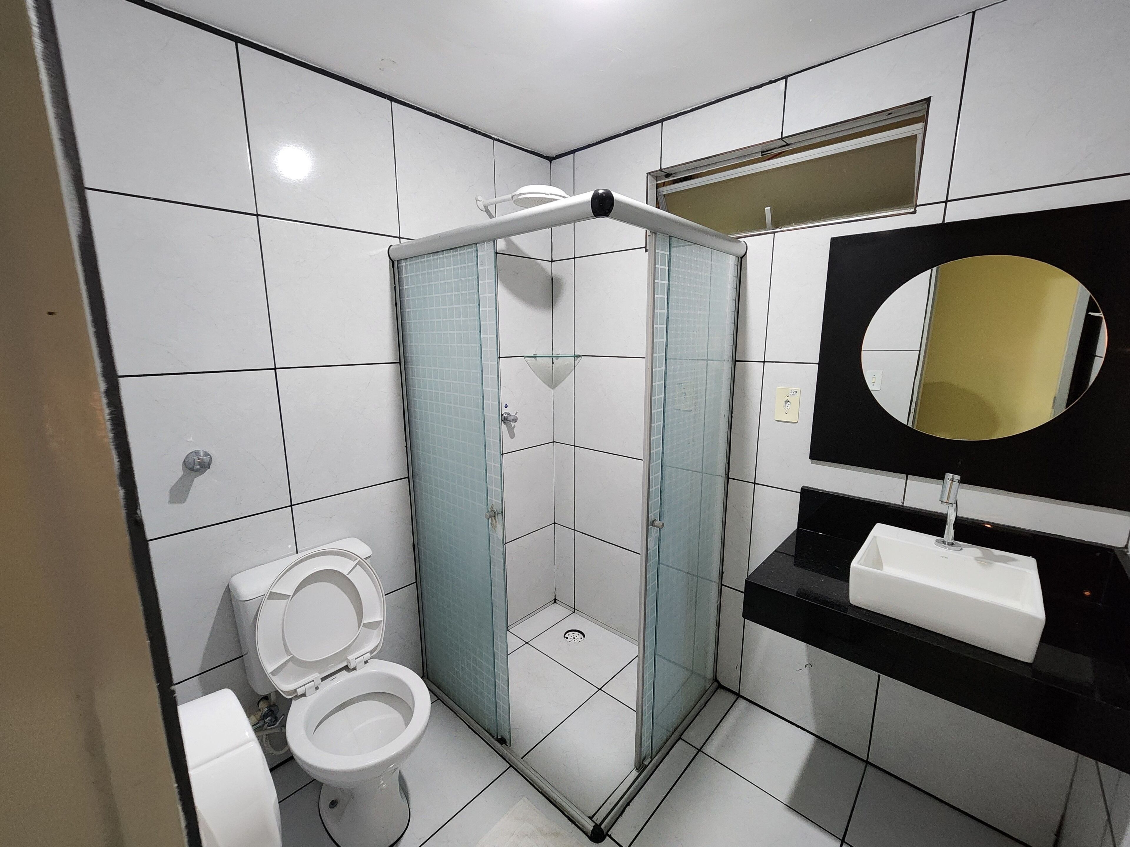 Un baño con inodoro, ducha envuelta en vidrio y lavabo con espejo.