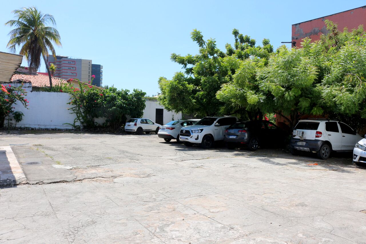 A parking lot with several parked cars, a palm tree, and a building with a red facade in the background.
