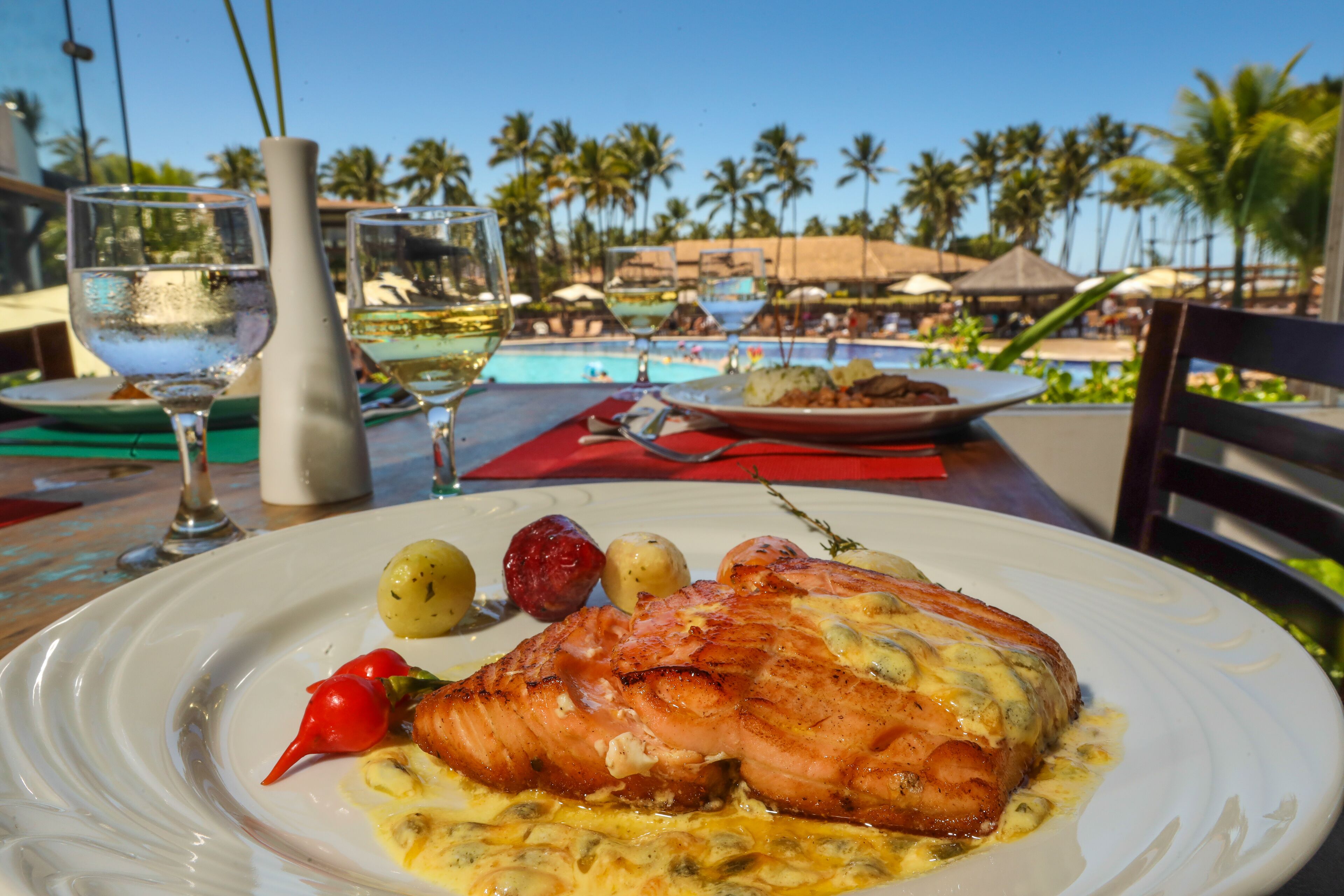 A plate of food with salmon and potatoes, a glass of water, and a view of a pool and palm trees in the background.