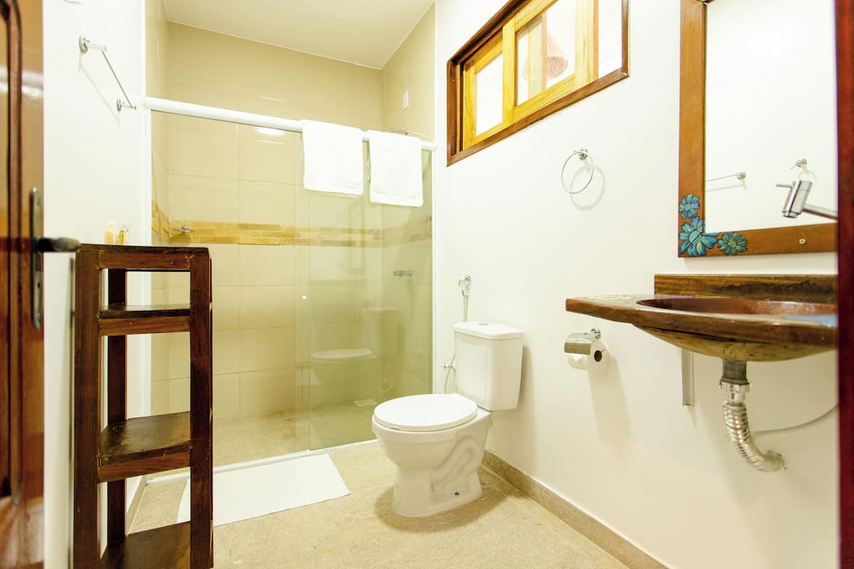 family room | bathroom | shower, hair dryer, towels, soap