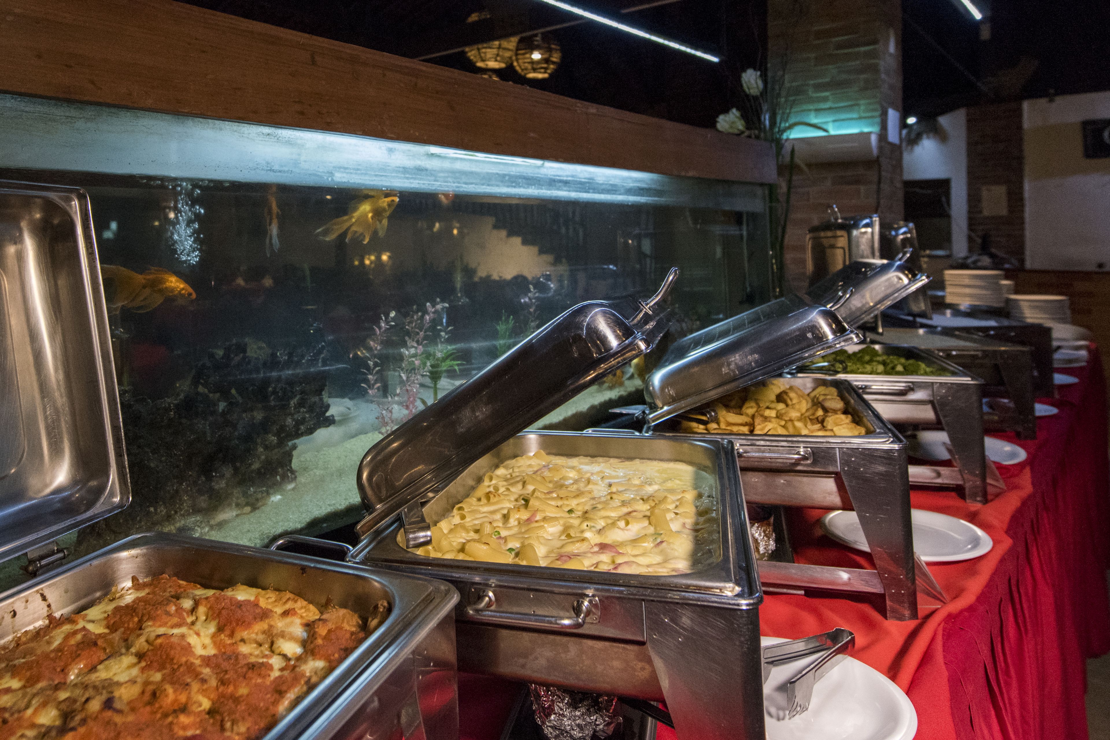 A buffet with various food options, including pasta, salads, and other dishes, arranged on a table with a red tablecloth.
