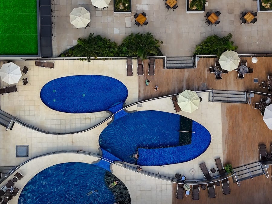 3 outdoor pools, open 10:00 AM to 10:00 PM, pool umbrellas, sun loungers