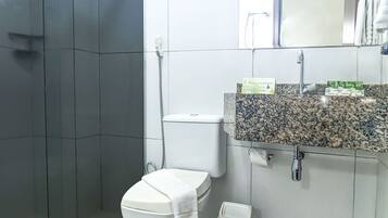 Shower, free toiletries, hair dryer, towels