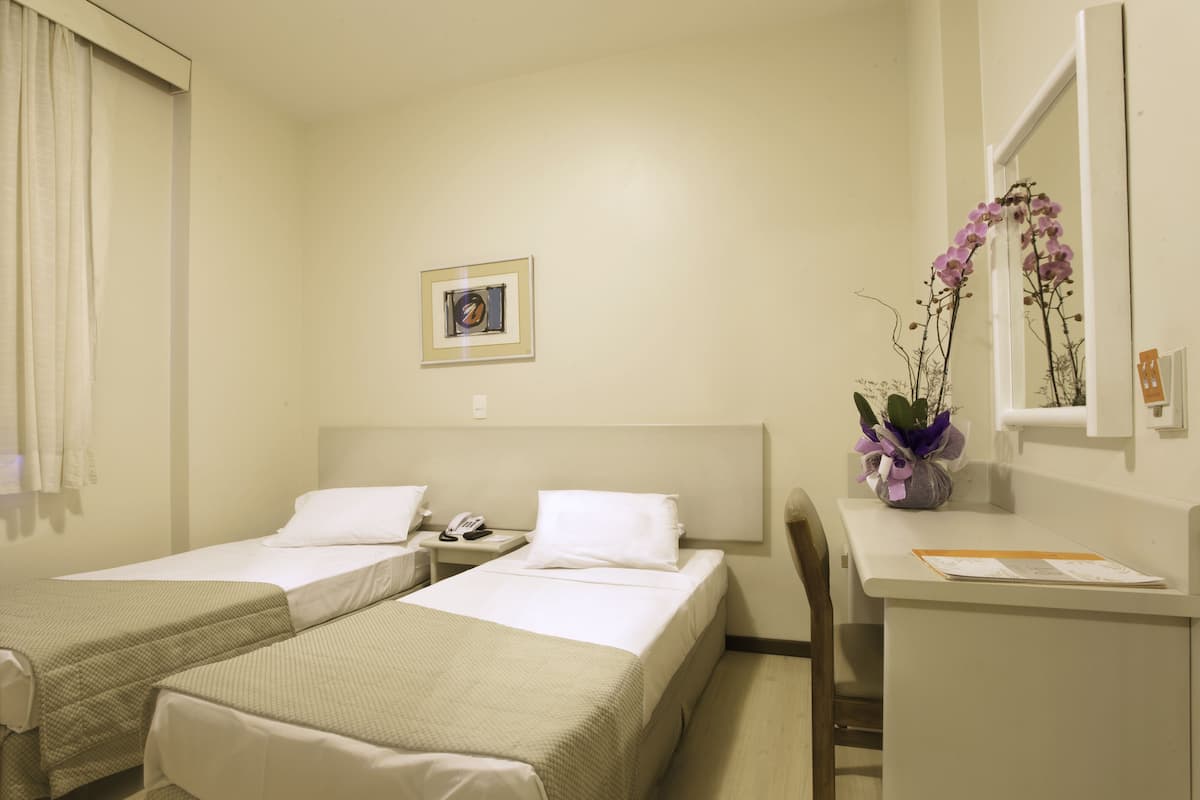 Hotellihuone, jossa on kaksi erillistä sänkyä, työpöytä, tuoli, puhelin ja seinällä kehystetty taulu.