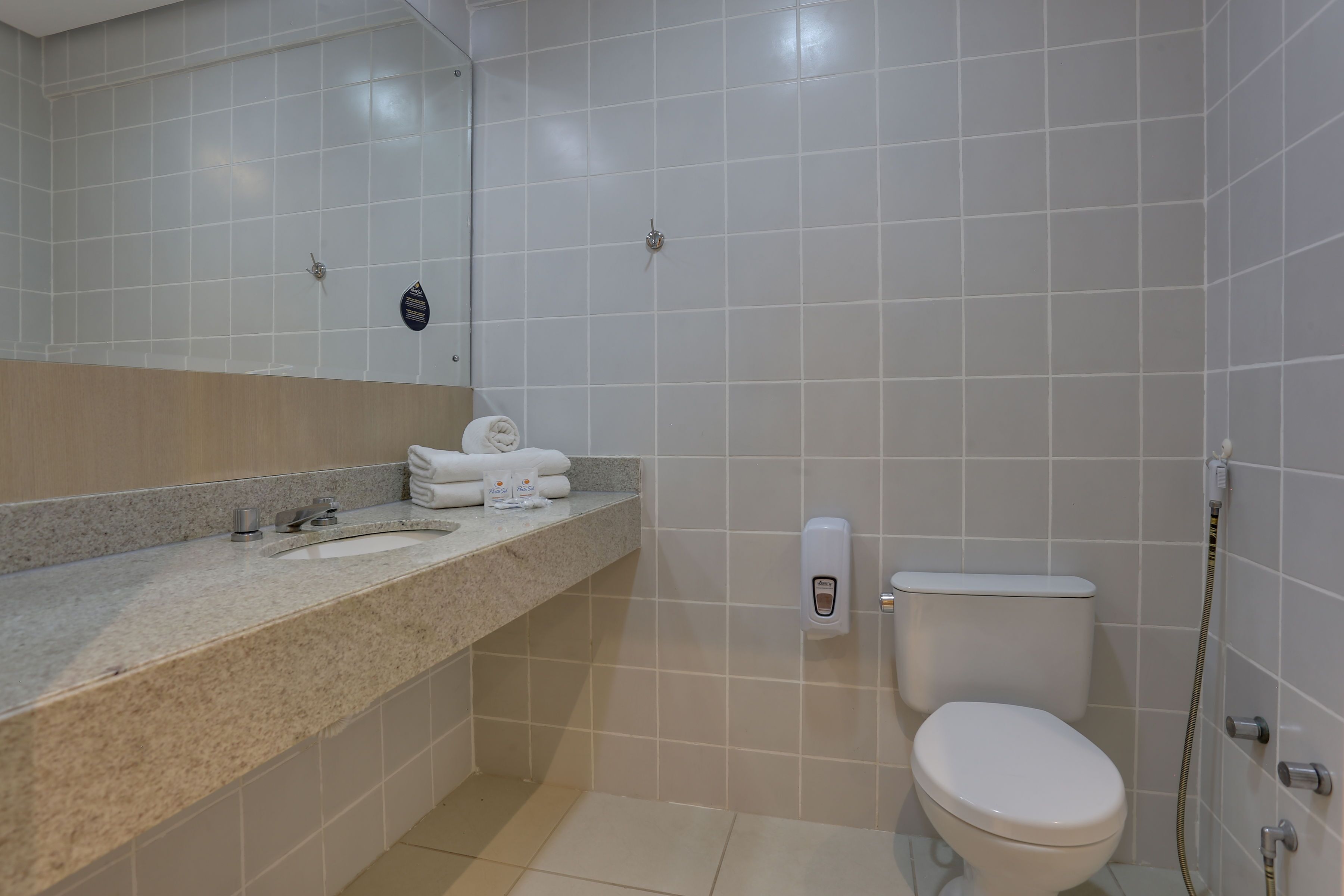 A bathroom with a sink, mirror, towel rack, toilet, and shower.