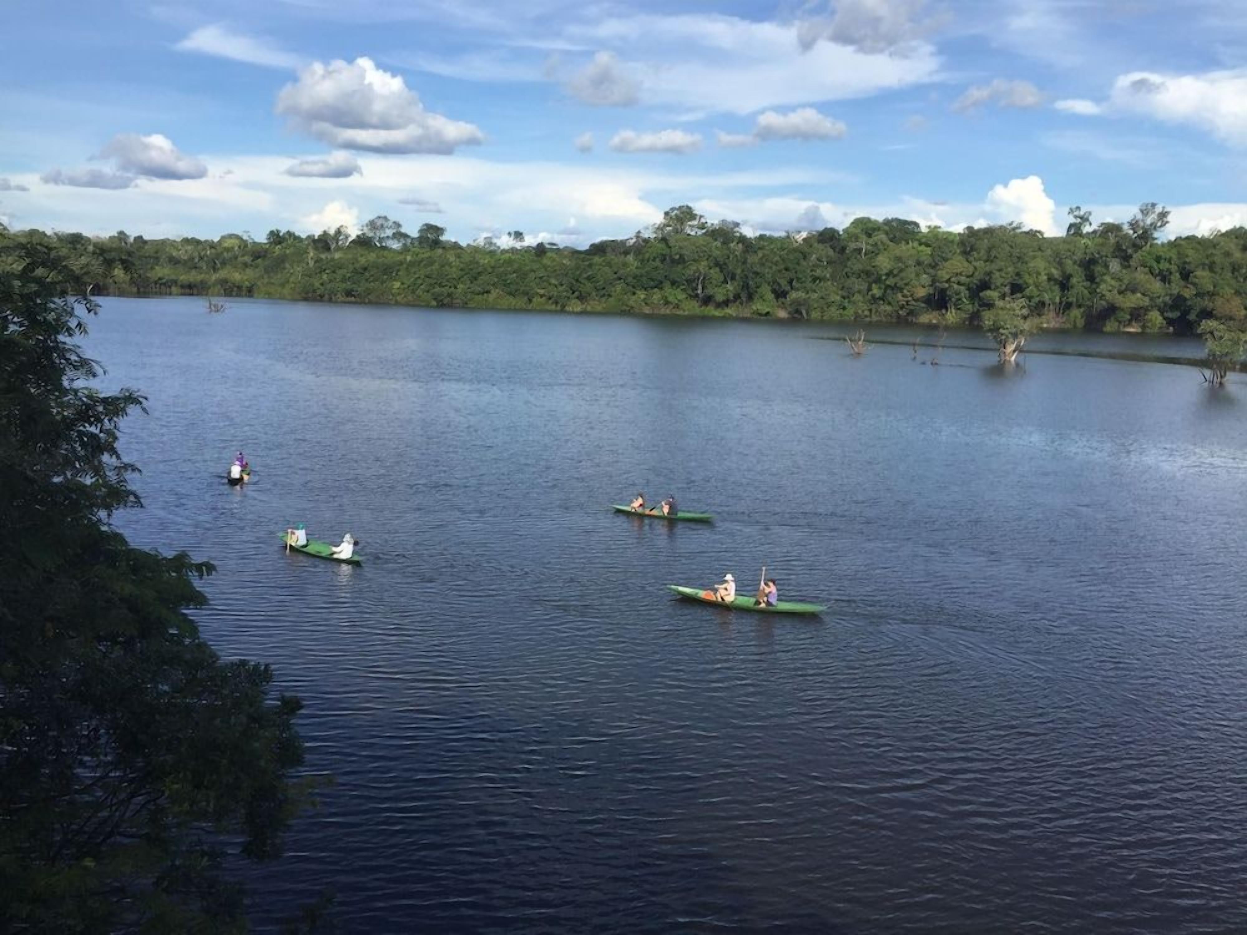 A calm lake with several green canoes on the water.