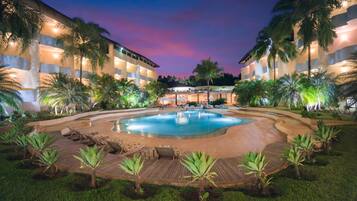 Indoor pool, outdoor pool, pool loungers