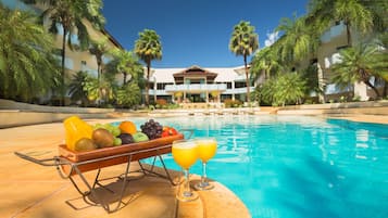 Indoor pool, outdoor pool, pool loungers