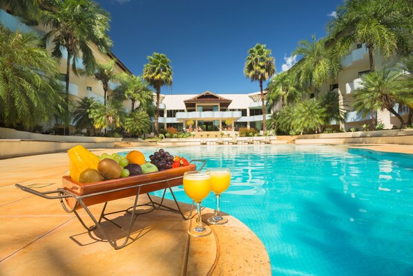 Indoor pool, outdoor pool, pool loungers