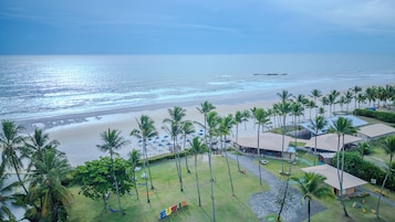 Un resort en la playa con piscina, palmeras y vistas al océano.