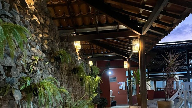 Un passatge cobert amb parets de pedra i plantes en testos.