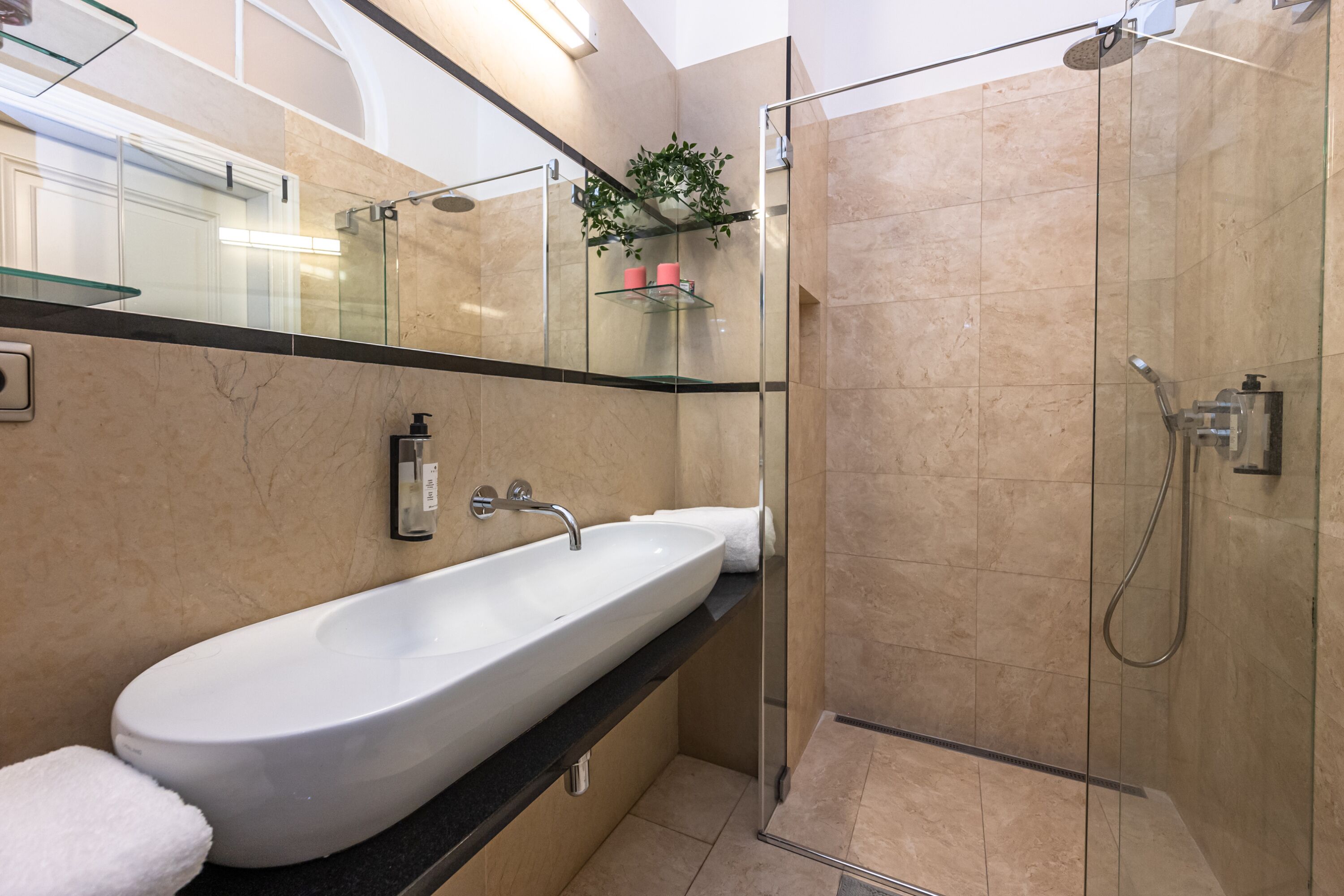 A modern bathroom with a large white sink, a glass shower enclosure, and a mirror above the sink.
