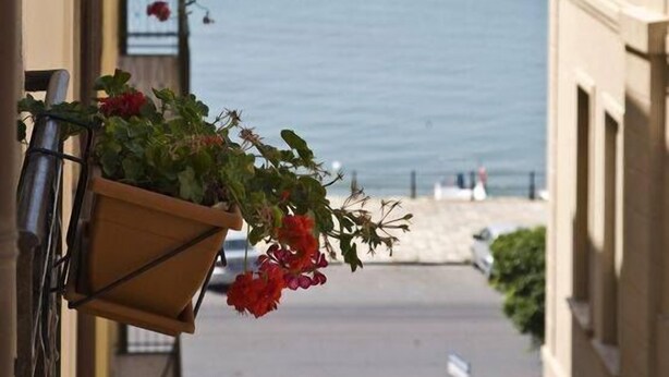 Un balcón con macetas colgantes y vistas al mar y embarcaciones.