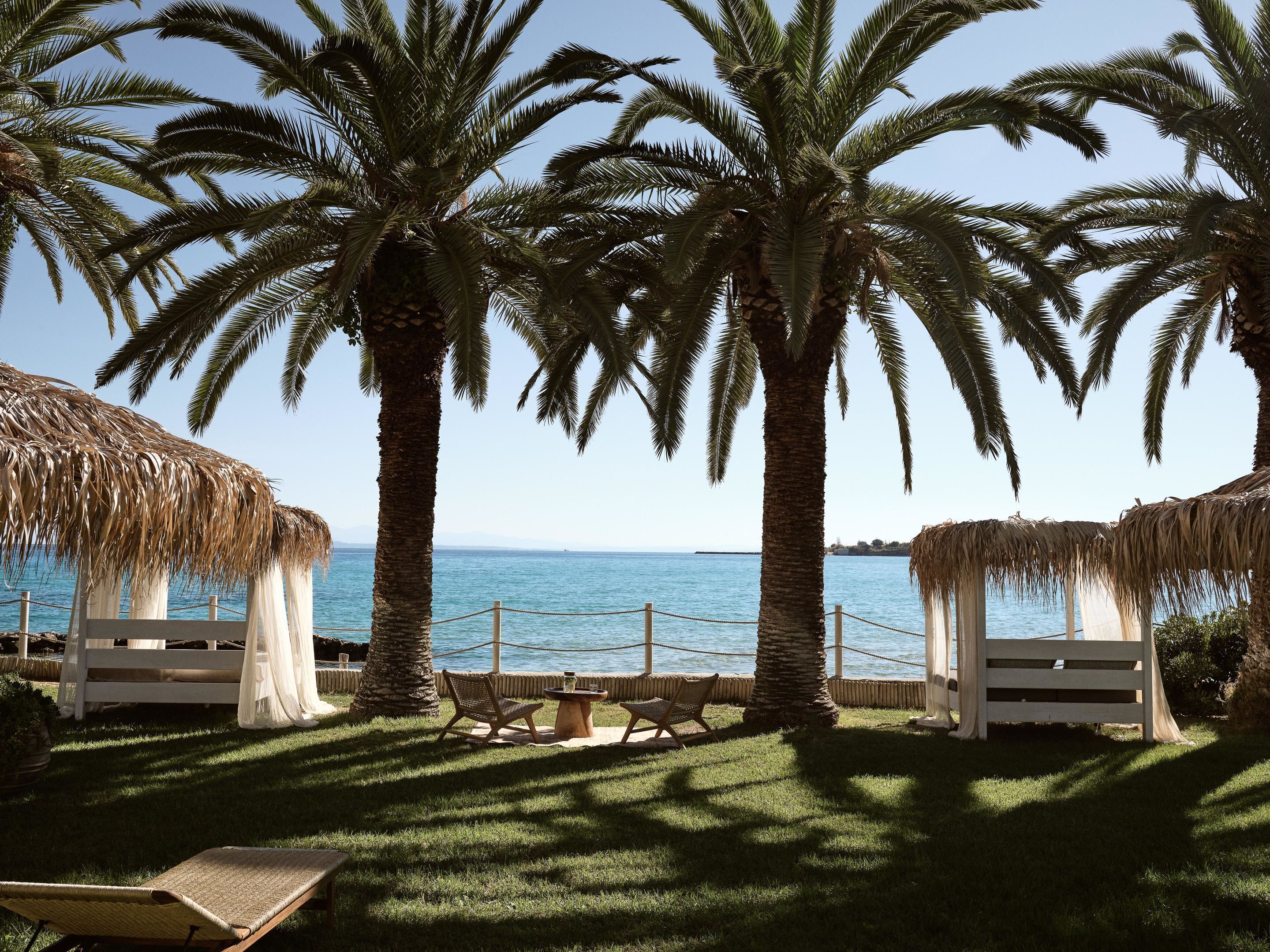 Un lounge frente a la playa con palmeras, una estructura de techo de paja y vista al mar.