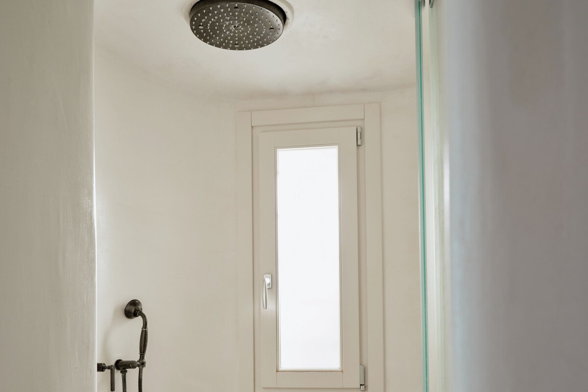 A bathroom with a shower, a window, and a door.